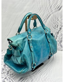 MIU MIU BOW TOTE BAG IN BLUE TURQUOISE VITELLO LEATHER