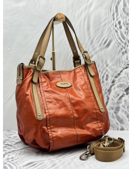 TOD’S G-LINE HOBO BAG IN ORANGE CANVAS WITH LIGHT BROWN LEATHER