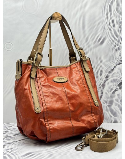 TOD’S G-LINE HOBO BAG IN ORANGE CANVAS WITH LIGHT BROWN LEATHER