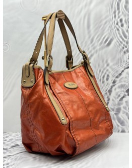TOD’S G-LINE HOBO BAG IN ORANGE CANVAS WITH LIGHT BROWN LEATHER