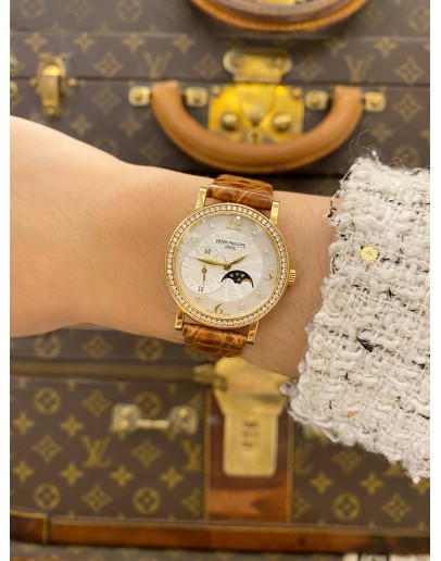 (LIKE NEW) 2013 PATEK PHILIPPE CALATRAVA MOONPHASE DIAMOND 18K 750 YELLOW GOLD REF 4958J MOTHER OF PEARL DIAL 31MM MANUAL WINDING WATCH -FULL SET-