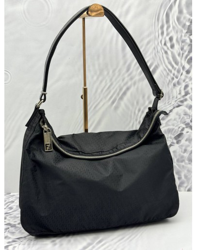 FENDI HOBO SHOULDER BAG IN BLACK FF SIGNATURE NYLON WITH LEATHER
