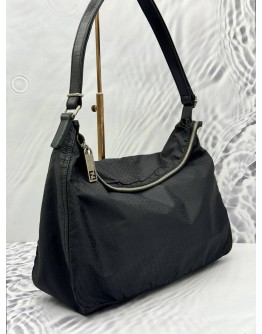 FENDI HOBO SHOULDER BAG IN BLACK FF SIGNATURE NYLON WITH LEATHER