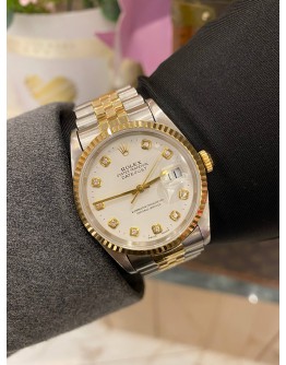 ROLEX DATEJUST 36 REF 16233 HALF 18K 750 YELLOW GOLD WHITE DIAMOND DIAL 36MM AUTOMATIC WATCH