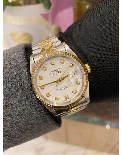 ROLEX DATEJUST 36 REF 16233 HALF 18K 750 YELLOW GOLD WHITE DIAMOND DIAL 36MM AUTOMATIC WATCH