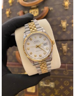 ROLEX DATEJUST 36 REF 16233 HALF 18K 750 YELLOW GOLD WHITE DIAMOND DIAL 36MM AUTOMATIC WATCH