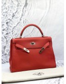 (LIKE NEW) 2015 HERMES KELLY 28 TOP HANDLE BAG WITH STRAP IN ROUGE CASAQUE TOGO LEATHER -FULL SET-