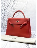 (LIKE NEW) 2015 HERMES KELLY 28 TOP HANDLE BAG WITH STRAP IN ROUGE CASAQUE TOGO LEATHER -FULL SET-