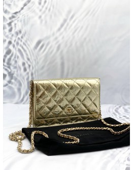 (LIKE NEW) CHANEL WALLET ON CHAIN IN METALLIC GOLD HAMMERED CALFSKIN LEATHER