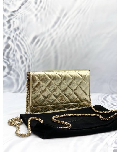 (LIKE NEW) CHANEL WALLET ON CHAIN IN METALLIC GOLD HAMMERED CALFSKIN LEATHER