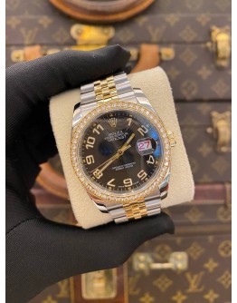 (UNUSED) 2025 ROLEX DATEJUST 36 REF 116243 HALF 18K 750 YELLOW GOLD FACTORY DIAMOND BEZEL BLACK DIAL 36MM AUTOMATIC WATCH -FULL SET-