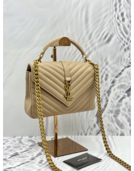 (LIKE NEW) 2021 YSL SAINT LAURENT COLLEGE MEDIUM TOP HANDLE AND SHOULDER BAG IN BEIGE CALFSKIN LEATHER 