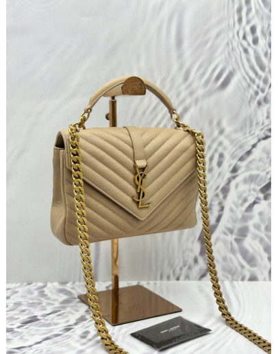 (LIKE NEW) 2021 YSL SAINT LAURENT COLLEGE MEDIUM TOP HANDLE AND SHOULDER BAG IN BEIGE CALFSKIN LEATHER 