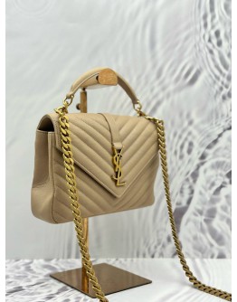 (LIKE NEW) 2021 YSL SAINT LAURENT COLLEGE MEDIUM TOP HANDLE AND SHOULDER BAG IN BEIGE CALFSKIN LEATHER 