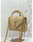(LIKE NEW) 2021 YSL SAINT LAURENT COLLEGE MEDIUM TOP HANDLE AND SHOULDER BAG IN BEIGE CALFSKIN LEATHER 