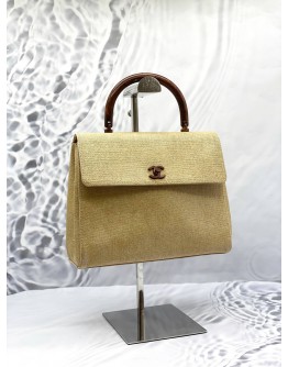 CHANEL VINTAGE KELLY WOODEN TOP HANDLE BAG IN BEIGE CANVAS 