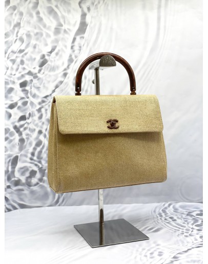CHANEL VINTAGE KELLY WOODEN TOP HANDLE BAG IN BEIGE CANVAS 