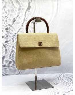 CHANEL VINTAGE KELLY WOODEN TOP HANDLE BAG IN BEIGE CANVAS 