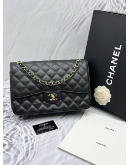 (LIKE NEW) CHANEL CLASSIC JUMBO DOUBLE FLAP SHOULDER BAG IN BLACK CAVIAR LEATHER -FULL SET-