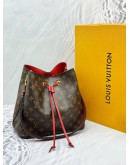2018 LOUIS VUITTON NEONOE MM SHOULDER BAG IN BROWN MONOGRAM CANVAS AND RED CALFSKIN LEATHER