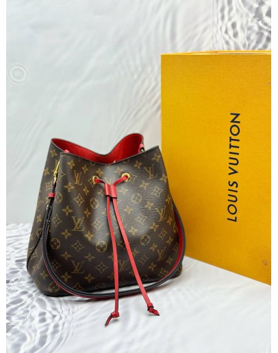 2018 LOUIS VUITTON NEONOE MM SHOULDER BAG IN BROWN MONOGRAM CANVAS AND RED CALFSKIN LEATHER