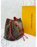 2018 LOUIS VUITTON NEONOE MM SHOULDER BAG IN BROWN MONOGRAM CANVAS AND RED CALFSKIN LEATHER