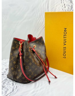 2018 LOUIS VUITTON NEONOE MM SHOULDER BAG IN BROWN MONOGRAM CANVAS AND RED CALFSKIN LEATHER