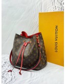 2018 LOUIS VUITTON NEONOE MM SHOULDER BAG IN BROWN MONOGRAM CANVAS AND RED CALFSKIN LEATHER