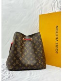 2018 LOUIS VUITTON NEONOE MM SHOULDER BAG IN BROWN MONOGRAM CANVAS AND RED CALFSKIN LEATHER