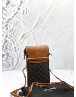 (LIKE NEW) CELINE PHONE POUCH CROSSBODY IN DARK BROWN TRIOMPHE CANVAS AND BROWN CALFSKIN LEATHER -FULL SET-
