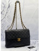 (MERDEKA SALE) CHANEL VINTAGE JUMBO SIGNLE FLAP BLACK LAMBSKIN LEATHER GOLD HARDWARE CHAIN SHOULDER BAG