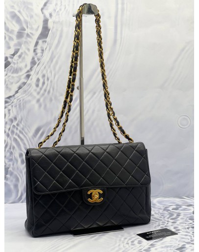 (MERDEKA SALE) CHANEL VINTAGE JUMBO SIGNLE FLAP BLACK LAMBSKIN LEATHER GOLD HARDWARE CHAIN SHOULDER BAG