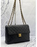 (MERDEKA SALE) CHANEL VINTAGE JUMBO SIGNLE FLAP BLACK LAMBSKIN LEATHER GOLD HARDWARE CHAIN SHOULDER BAG