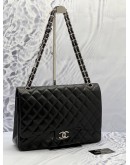 (MERDEKA SALE) CHANEL CLASSIC DOUBLE FLAP MAXI BLACK LAMBSKIN LEATHER SILVER HARDWARE CHAIN BAG 