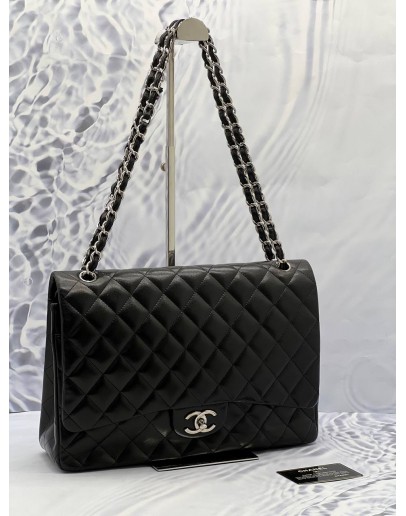 (MERDEKA SALE) CHANEL CLASSIC DOUBLE FLAP MAXI BLACK LAMBSKIN LEATHER SILVER HARDWARE CHAIN BAG 