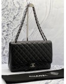 CHANEL CLASSIC MAXI BLACK CAVIAR LEATHER DOUBLE FLAP BAG WITH CHAIN SILVER HARDWARE -FULL SET-