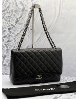 CHANEL CLASSIC MAXI BLACK CAVIAR LEATHER DOUBLE FLAP BAG WITH CHAIN SILVER HARDWARE -FULL SET-