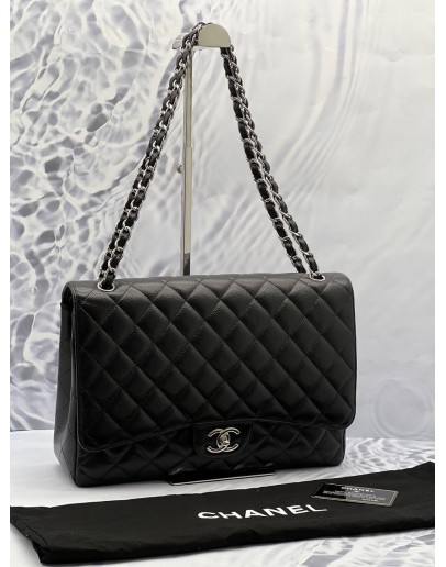 CHANEL CLASSIC MAXI BLACK CAVIAR LEATHER DOUBLE FLAP BAG WITH CHAIN SILVER HARDWARE -FULL SET-