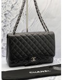 CHANEL CLASSIC MAXI BLACK CAVIAR LEATHER DOUBLE FLAP BAG WITH CHAIN SILVER HARDWARE -FULL SET-