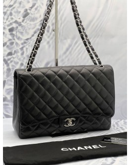 CHANEL CLASSIC MAXI BLACK CAVIAR LEATHER DOUBLE FLAP BAG WITH CHAIN SILVER HARDWARE -FULL SET-