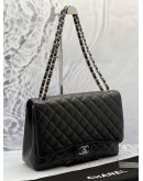 CHANEL CLASSIC MAXI BLACK CAVIAR LEATHER DOUBLE FLAP BAG WITH CHAIN SILVER HARDWARE -FULL SET-