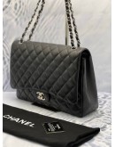 CHANEL CLASSIC MAXI BLACK CAVIAR LEATHER DOUBLE FLAP BAG WITH CHAIN SILVER HARDWARE -FULL SET-