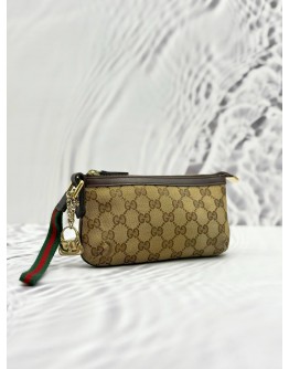 GUCCI WEB SHERRY LINE POUCH IN BEIGE GG CANVAS AND BROWN CALFSKIN LEATHER