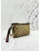 GUCCI WEB SHERRY LINE POUCH IN BEIGE GG CANVAS AND BROWN CALFSKIN LEATHER