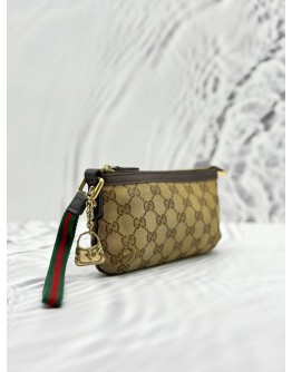 GUCCI WEB SHERRY LINE POUCH IN BEIGE GG CANVAS AND BROWN CALFSKIN LEATHER