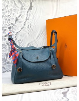 (LIKE NEW) 2015 HERMES LINDY 30 SHOULDER BAG IN BLEU SAPHIR TAURILLON CLEMENCE LEATHER -FULL SET-