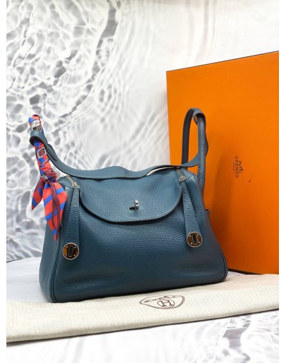(LIKE NEW) 2015 HERMES LINDY 30 SHOULDER BAG IN BLEU SAPHIR TAURILLON CLEMENCE LEATHER -FULL SET-