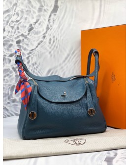 (LIKE NEW) 2015 HERMES LINDY 30 SHOULDER BAG IN BLEU SAPHIR TAURILLON CLEMENCE LEATHER -FULL SET-