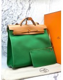 (UNUSED) 2016 HERMES HERBAG ZIP 39 TOP HANDLE AND SHOULDER BAG IN GREEN TOILE CANVAS AND NATURAL TAN VACHE HUNTER -FULL SET-