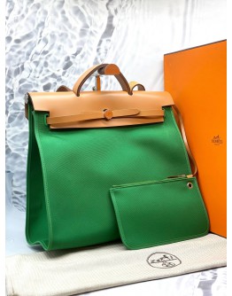 (UNUSED) 2016 HERMES HERBAG ZIP 39 TOP HANDLE AND SHOULDER BAG IN GREEN TOILE CANVAS AND NATURAL TAN VACHE HUNTER -FULL SET-